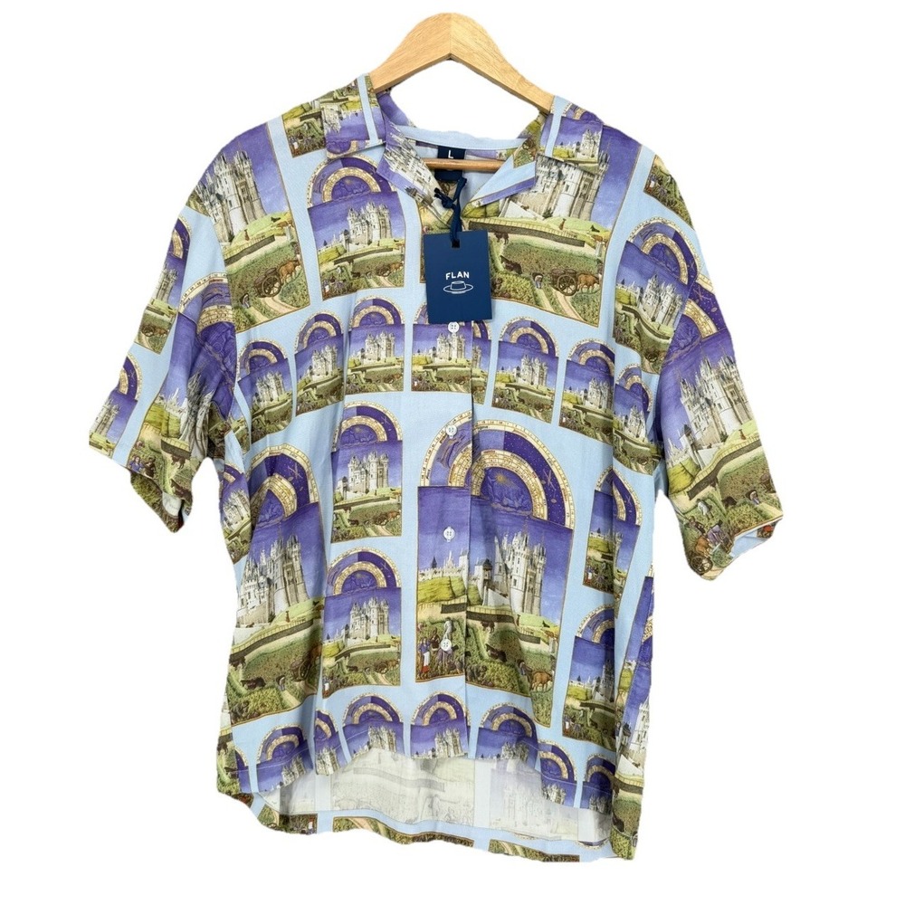 NWT FLAN Labs Castlecore Rayon Button Up Shirt Mens L Medieval Streetwear